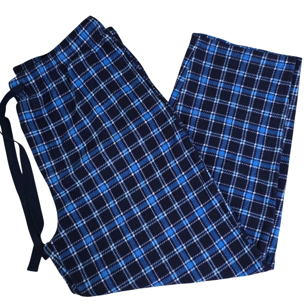 Mens Size XL Black Blue Plaid Fleece Pajama Lounge Pants Pockets Drawstring